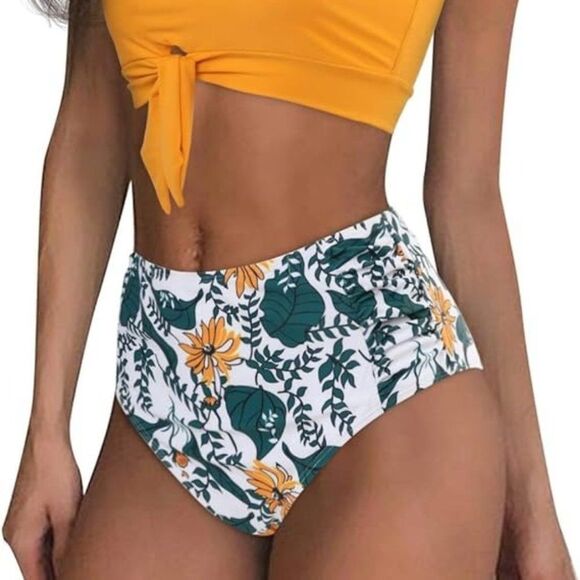 MARIGOLD & FOREST GREEN RUCHED HIGH WAIST BIKINI BOTTOMS SIZE XL NWOT - Picture 7 of 10